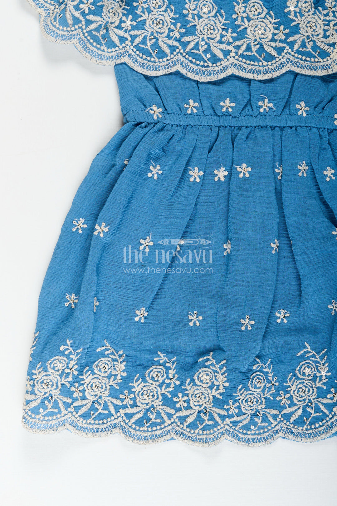 Girls blue cotton frock with embroidery for birthday and festive wear