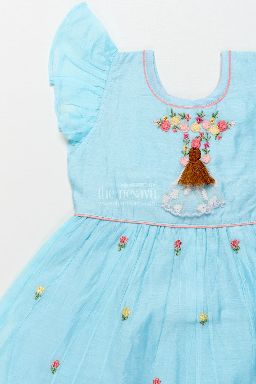 Fancy Chanderi cotton frock for girls with doll embroidery