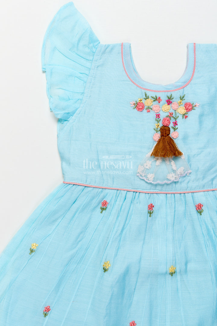 Fancy Chanderi cotton frock for girls with doll embroidery