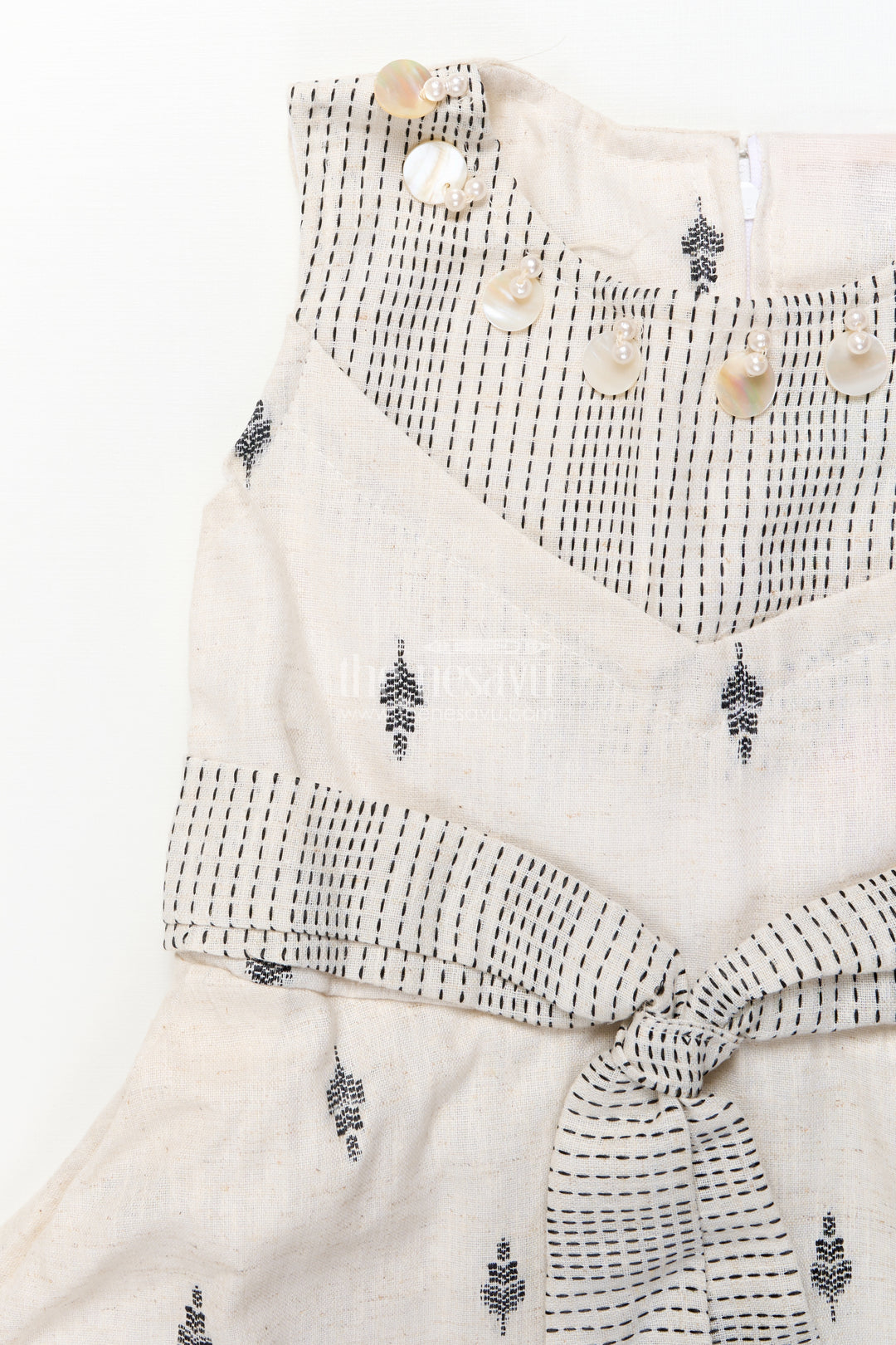 Handcrafted cotton frock with belt and tribal thread design for girls