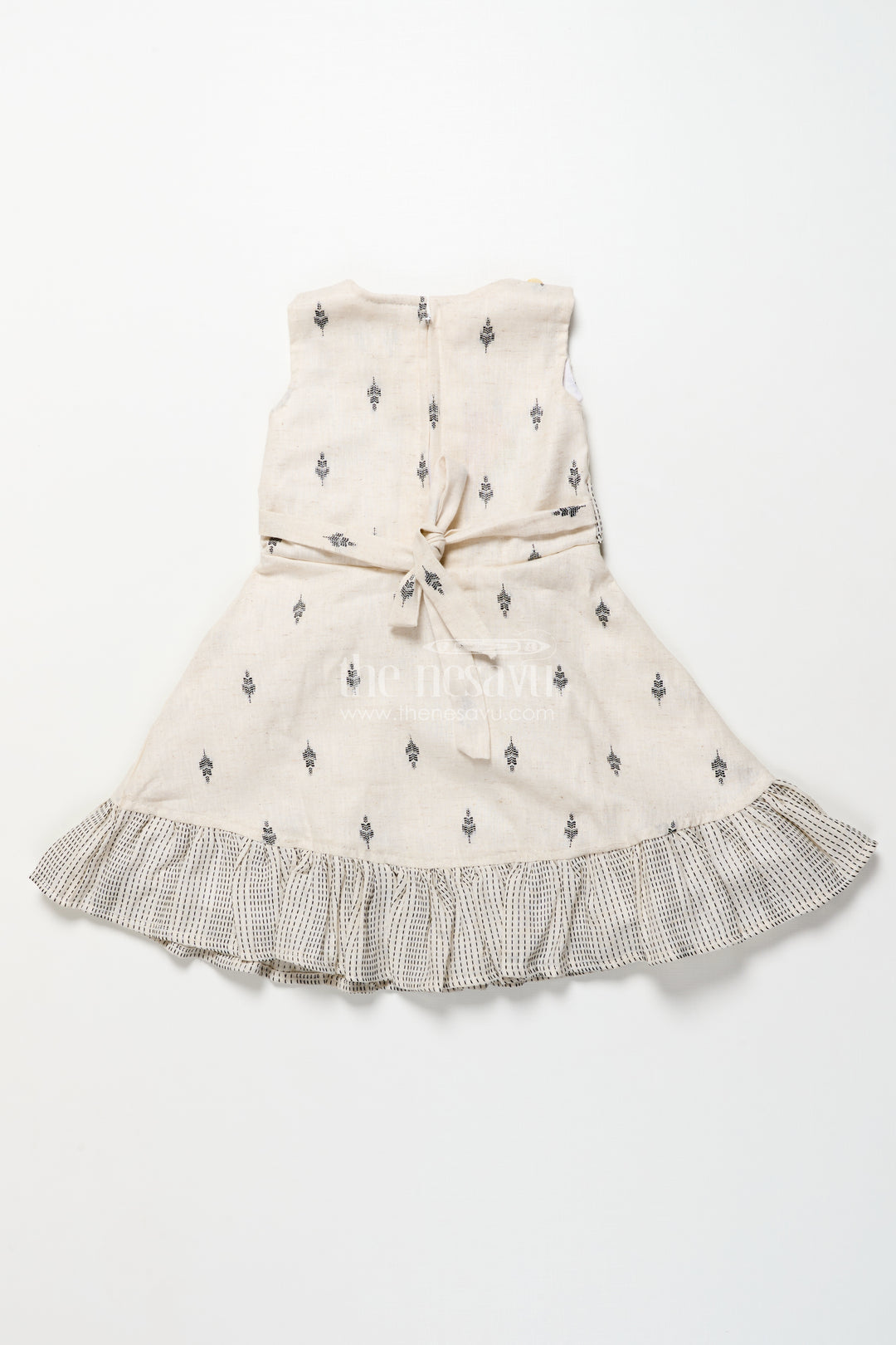 Handcrafted cotton frock with belt and tribal thread design for girls