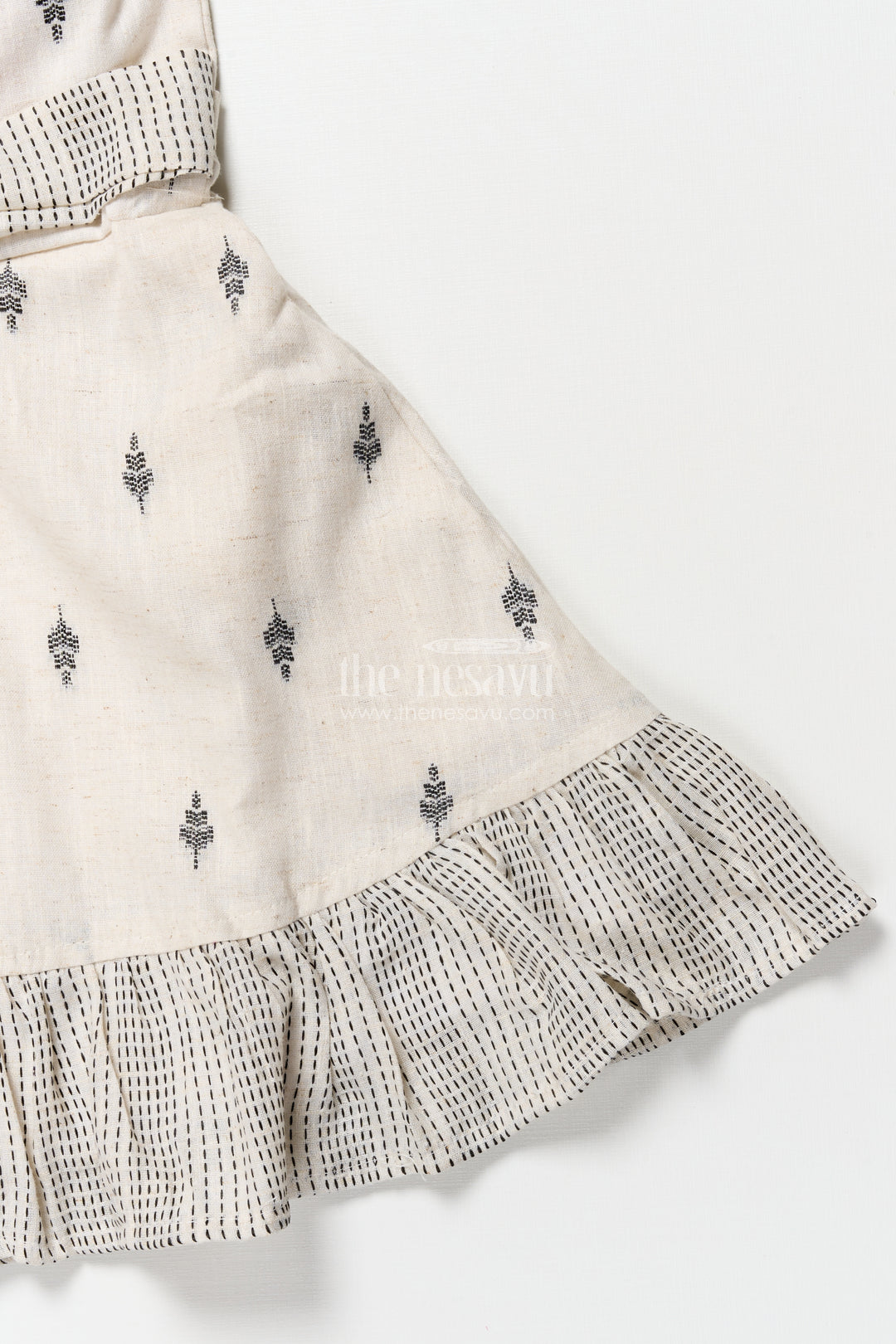 Handcrafted cotton frock with belt and tribal thread design for girls