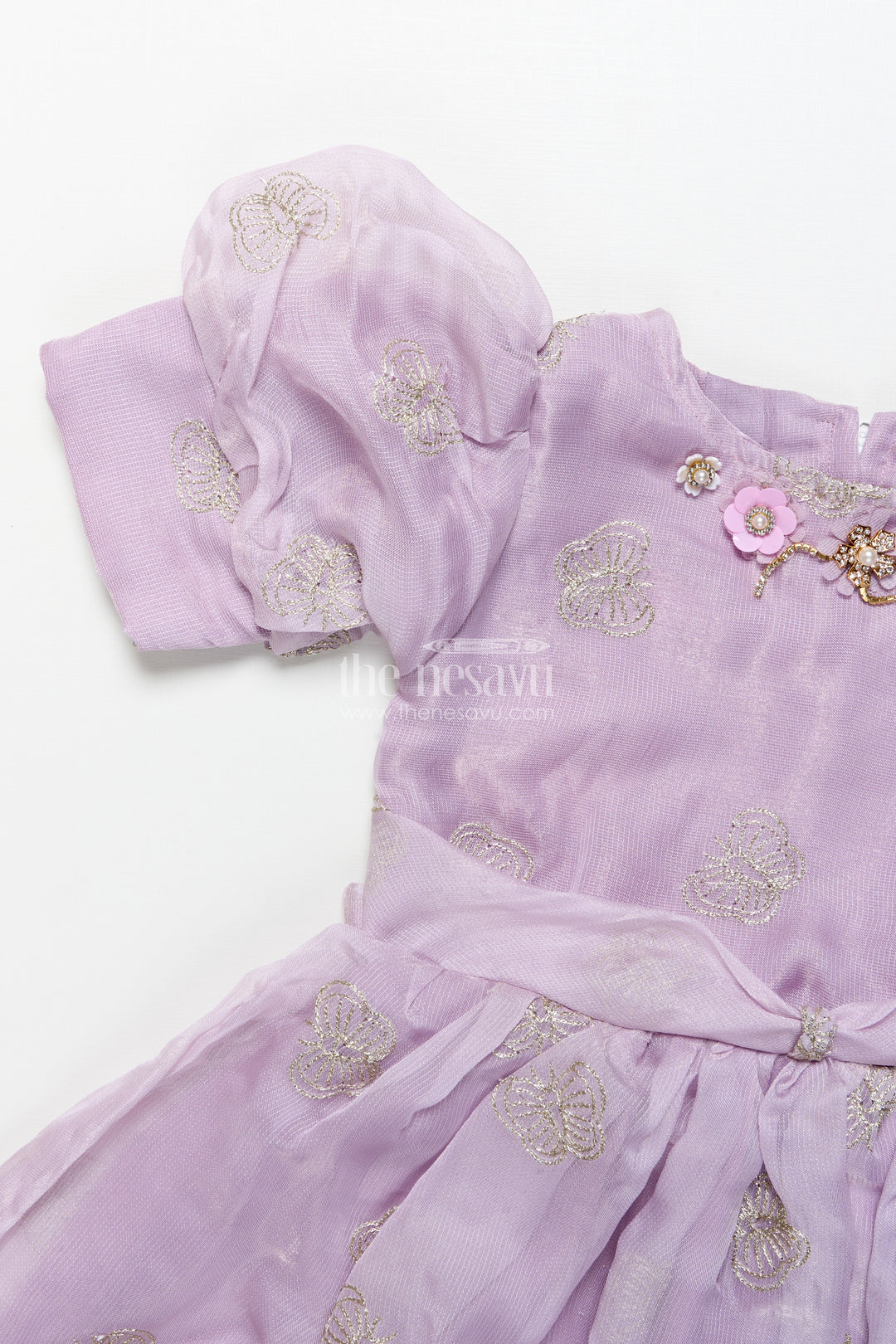 Girls fancy festive frock with puff sleeves and zari embroidery