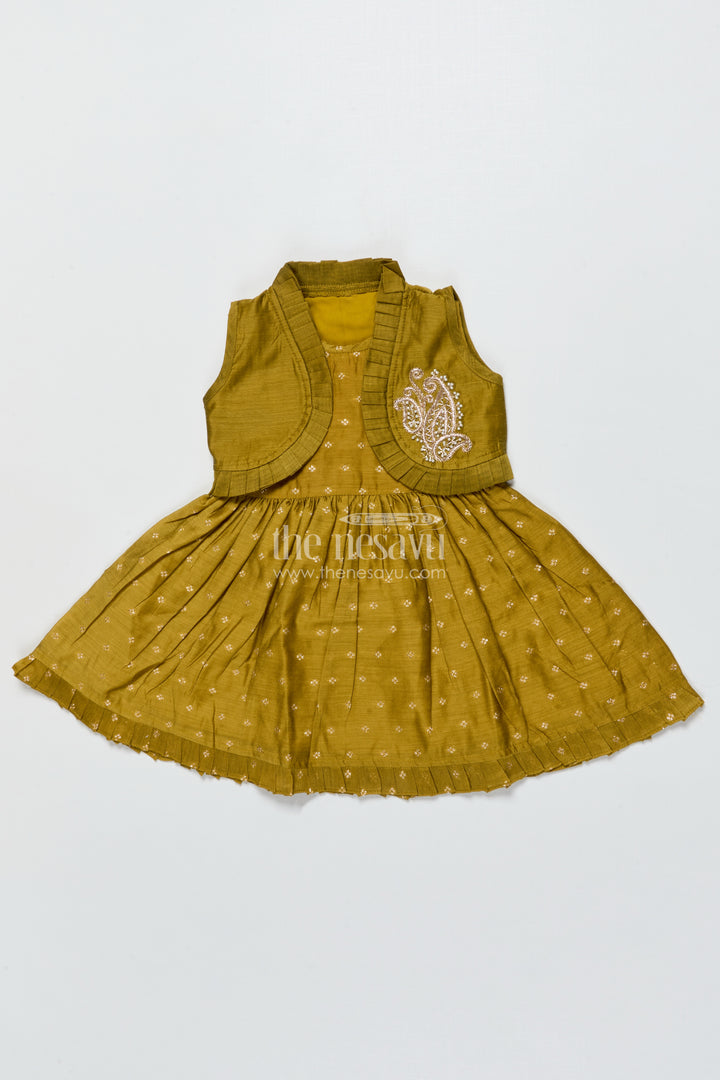 Toddler Girl Green Chanderi Frock with Embroidered Jacket for Festive Events