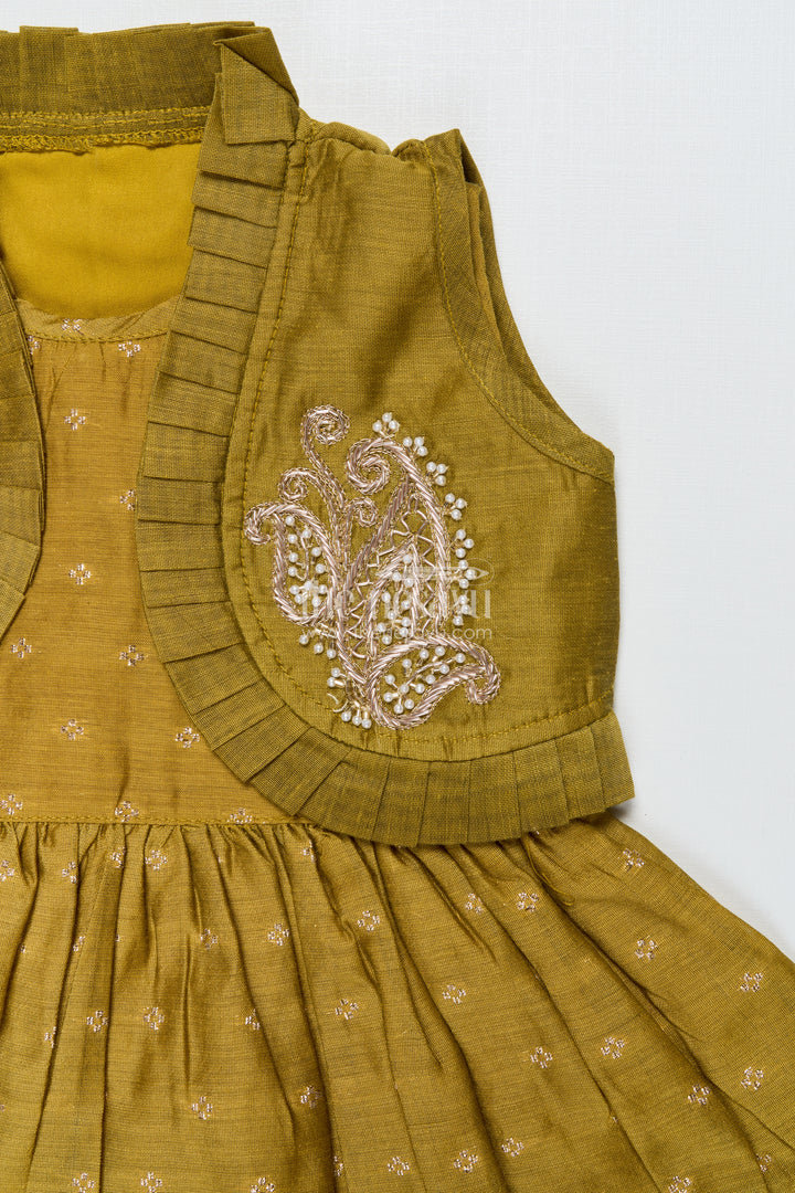 Toddler Girl Green Chanderi Frock with Embroidered Jacket for Festive Events