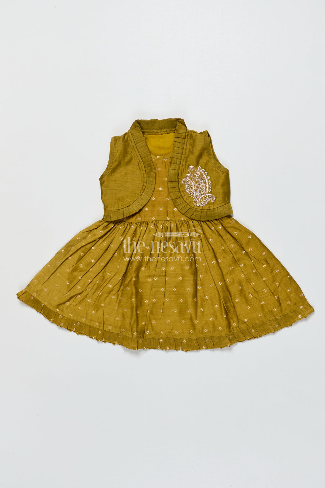 Toddler Girl Green Chanderi Frock with Embroidered Jacket for Festive Events