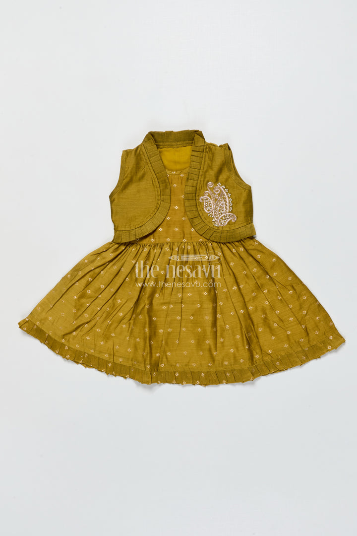 Toddler Girl Green Chanderi Frock with Embroidered Jacket for Festive Events
