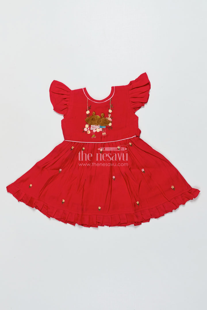 Baby Girl Red Chanderi Frock with Embroidery for Birthdays and Festive Occasions