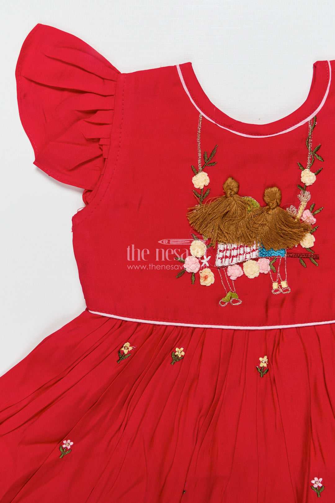 Baby Girl Red Chanderi Frock with Embroidery for Birthdays and Festive Occasions