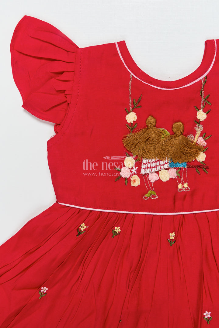 Baby Girl Red Chanderi Frock with Embroidery for Birthdays and Festive Occasions