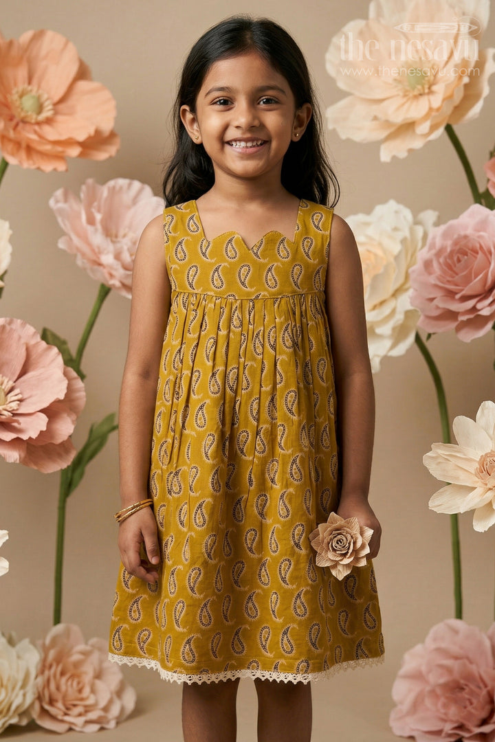 Sleeveless Cotton Frock for Girls with Yellow Paisley Print