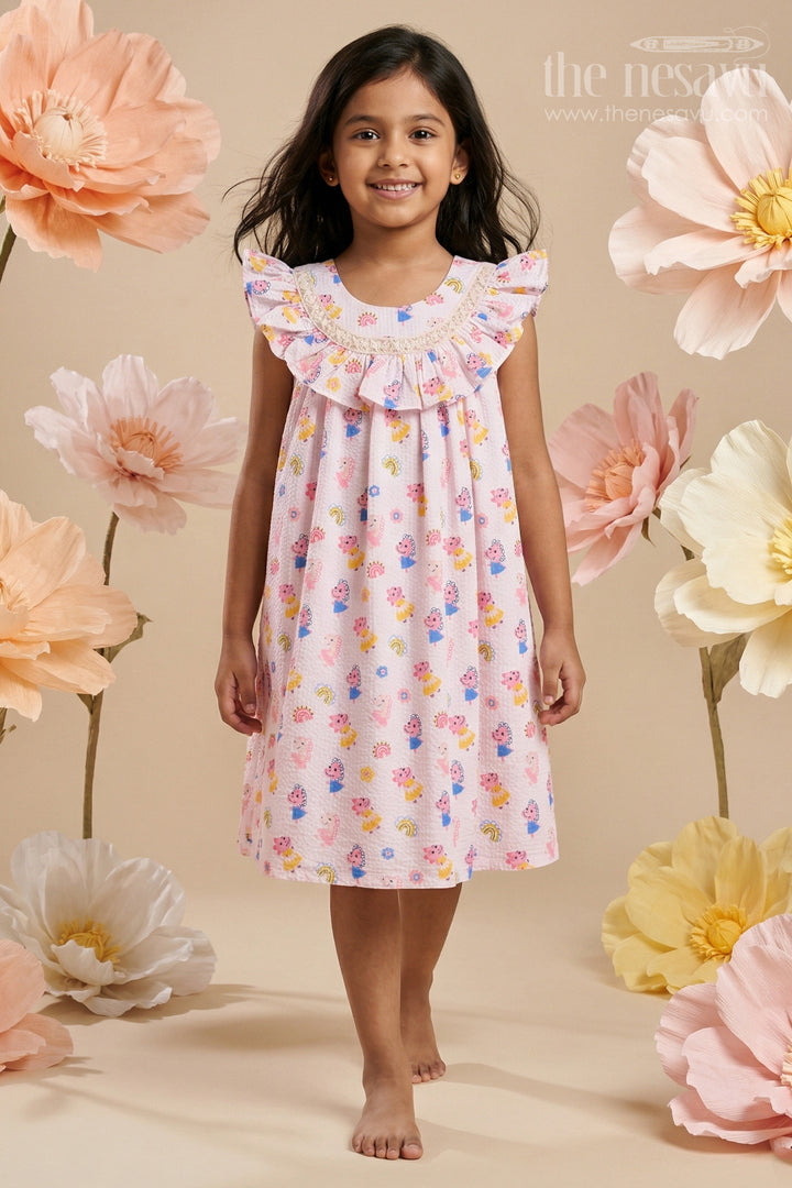 Baby Girl Cotton Frock with Cartoon Print for Daycare and Casual Wear