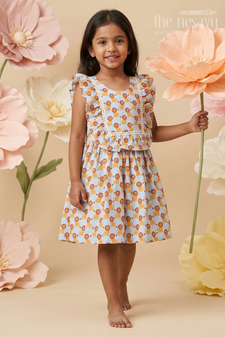 Baby Girl Cotton Frock with Lion Print for Casual Playtime and Daycare