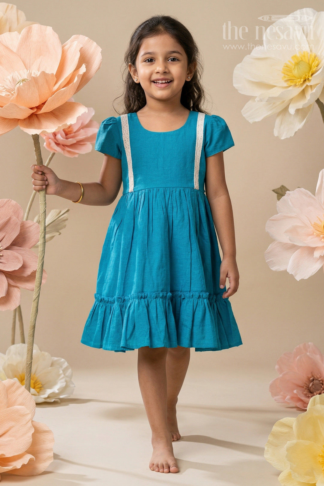Toddler Girl Chanderi Frock with Embroidered Lace for Daytime Celebrations