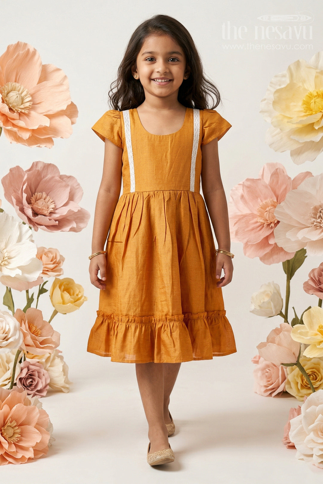 Baby Girl Chanderi Cotton Frock with Ruffle Hem for Ethnic Day Celebrations