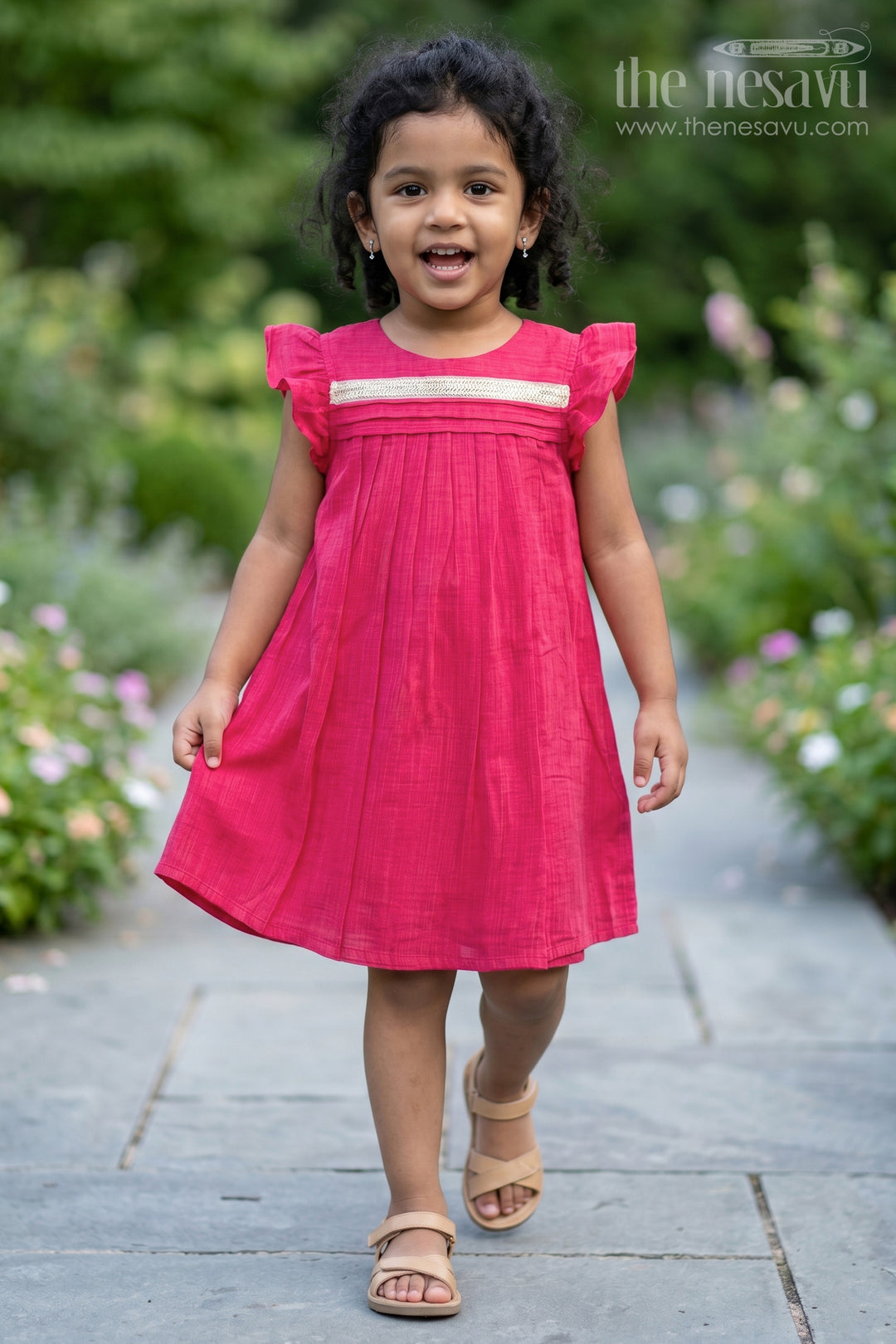 Baby Girl Chanderi Cotton Frock with Pleated Yoke for Family Gatherings and Ethnic Days