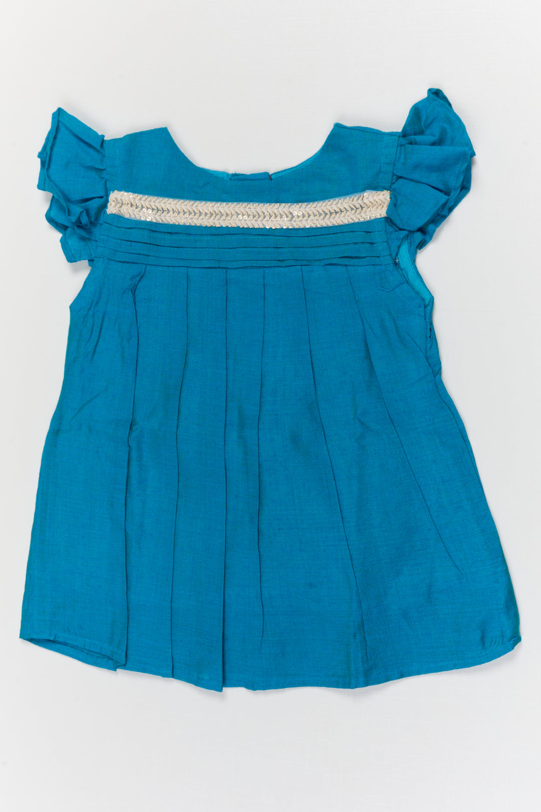 The Nesavu Girls Chanderi Frock Toddler Girl Chanderi Cotton Frock with Lace Yoke for Poojas and Festive Days Nesavu 10 (NB) / Turquoise / Chanderi GFC2096C-10 Nesavu toddler girl chanderi frock with pleated lace yoke for poojas and ethnic school events