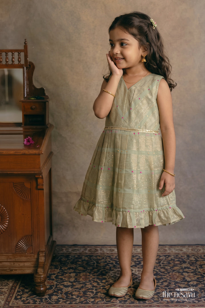 Girls Chanderi Frock in Green with Woven Texture