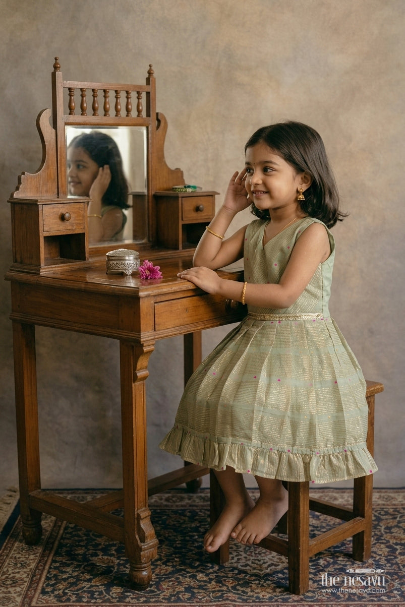 Girls Chanderi Frock in Green with Woven Texture