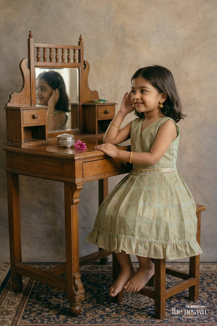 Girls Chanderi Frock in Green with Woven Texture
