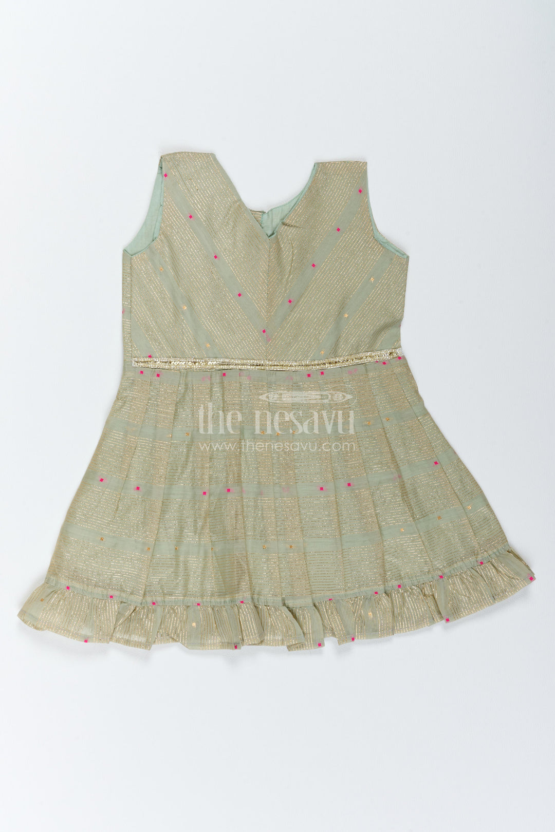 Girls Chanderi Frock in Green with Woven Texture