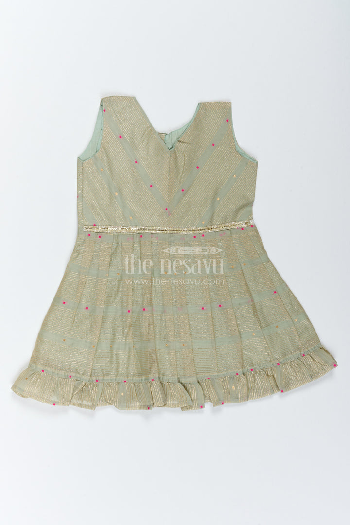 Girls Chanderi Frock in Green with Woven Texture