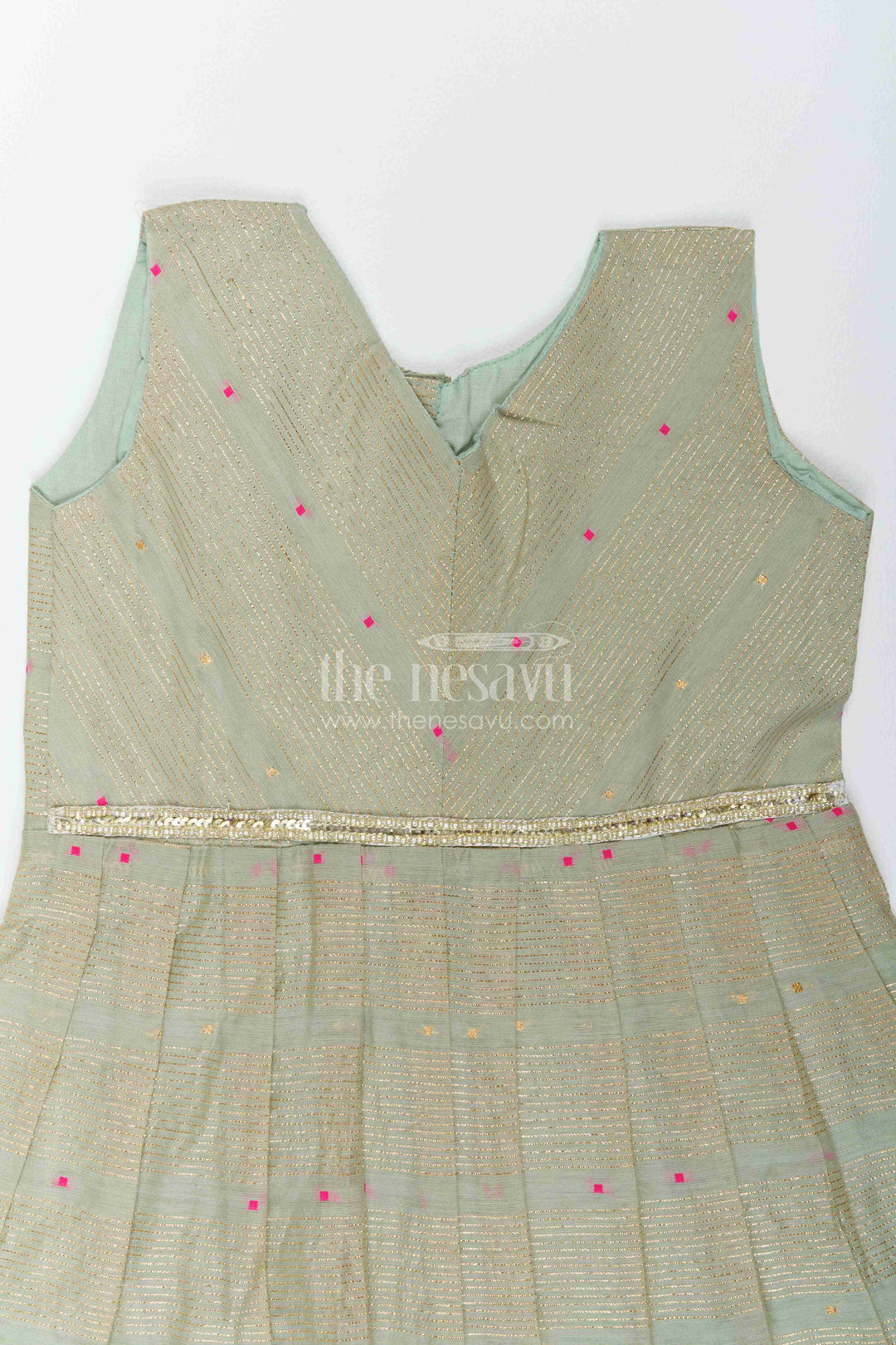 Girls Chanderi Frock in Green with Woven Texture