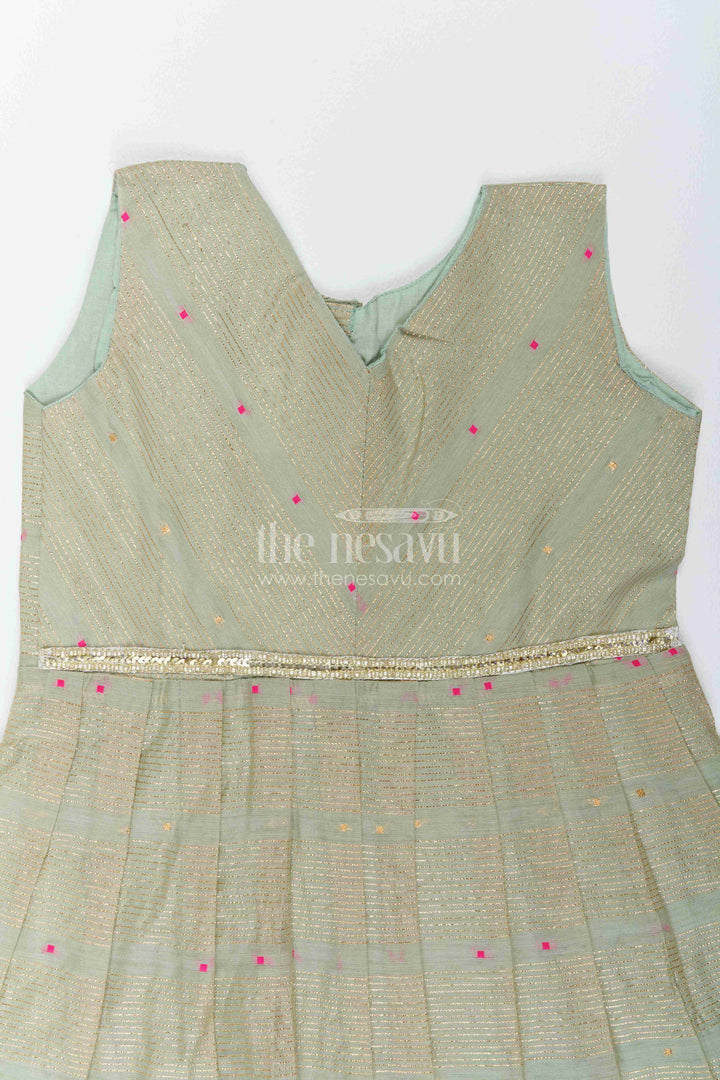 Girls Chanderi Frock in Green with Woven Texture