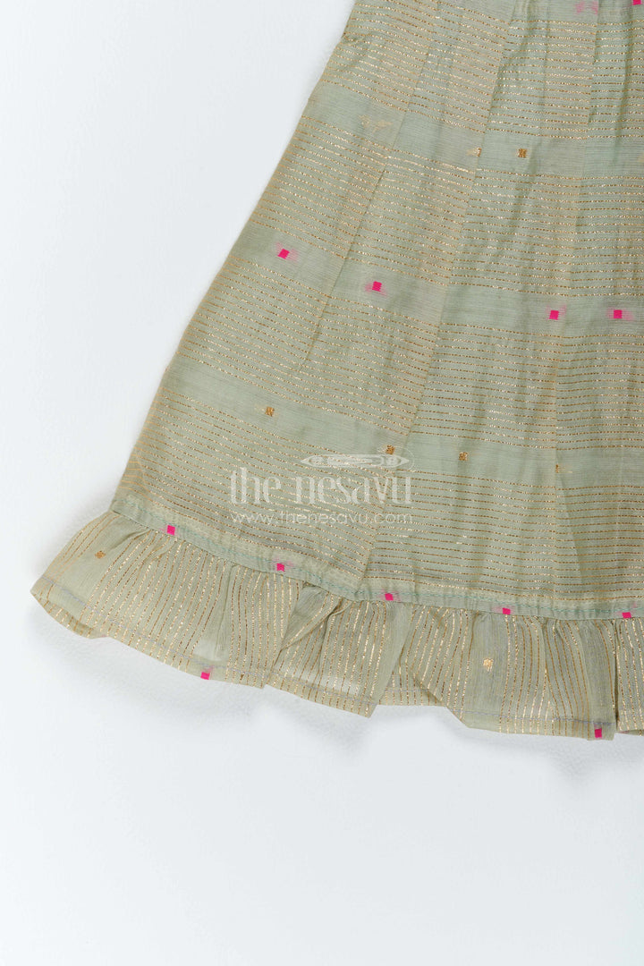 Girls Chanderi Frock in Green with Woven Texture
