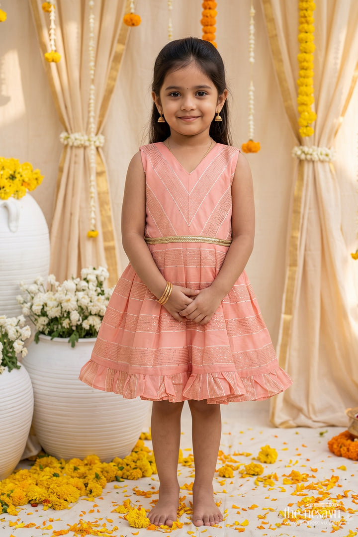 Girls Chanderi Frock in Peach with Woven Texture
