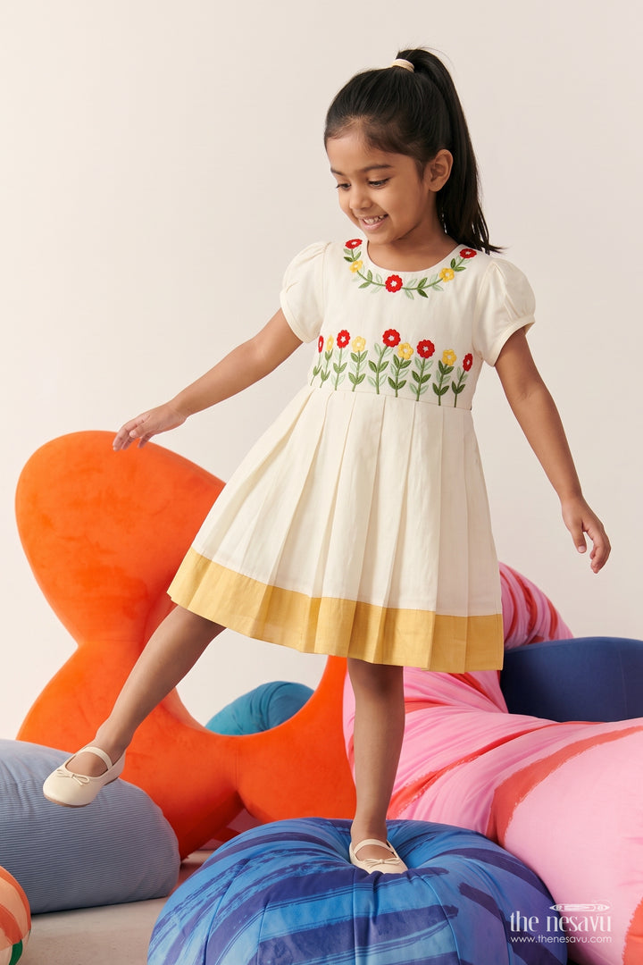 Cotton Dress for Girls with Thread Embroidery for Festive Occasions