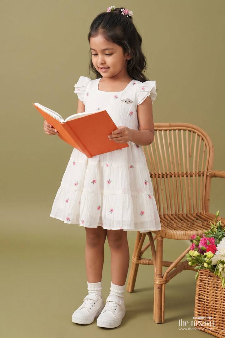 Girls Chanderi Frock in Off White with Thread Embroidery
