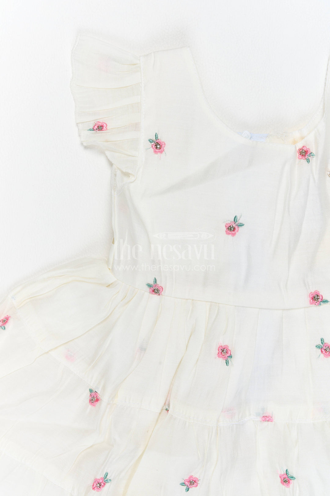Girls Chanderi Frock in Off White with Thread Embroidery