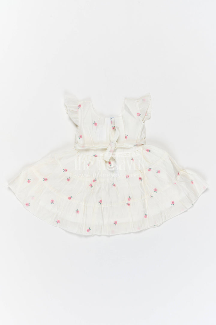 Girls Chanderi Frock in Off White with Thread Embroidery