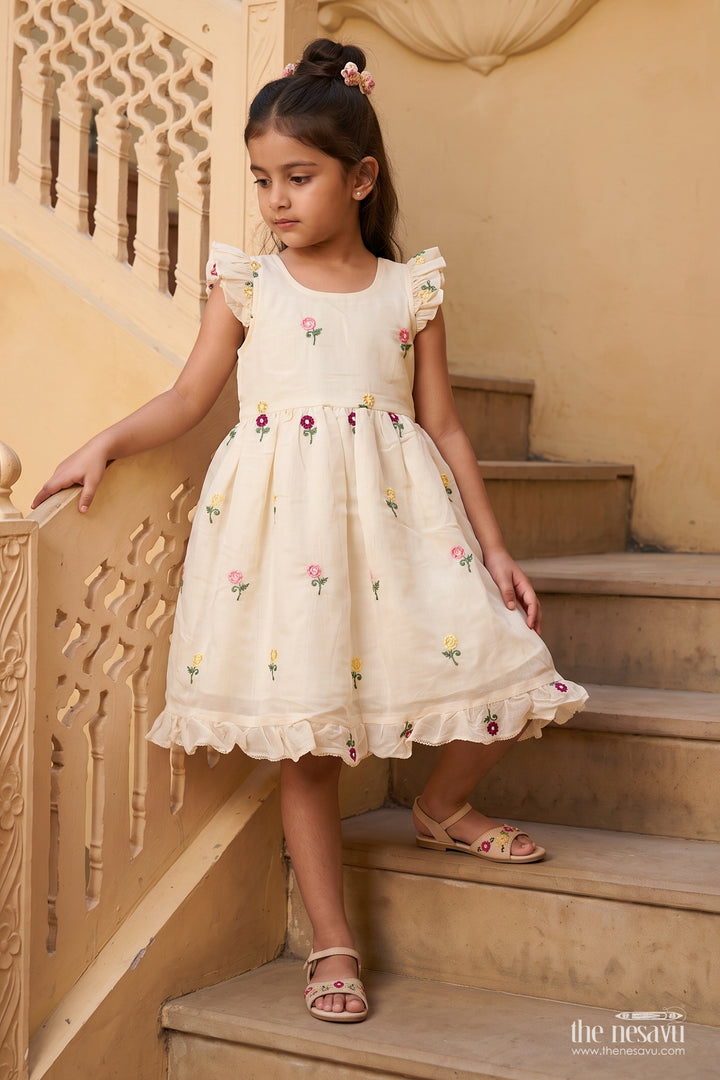 Girls Chanderi Frock in Cream with Thread Embroidery