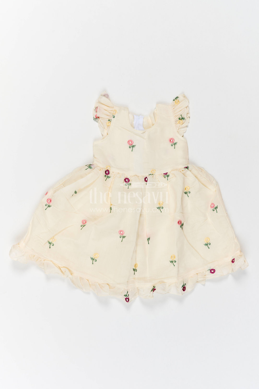 Girls Chanderi Frock in Cream with Thread Embroidery