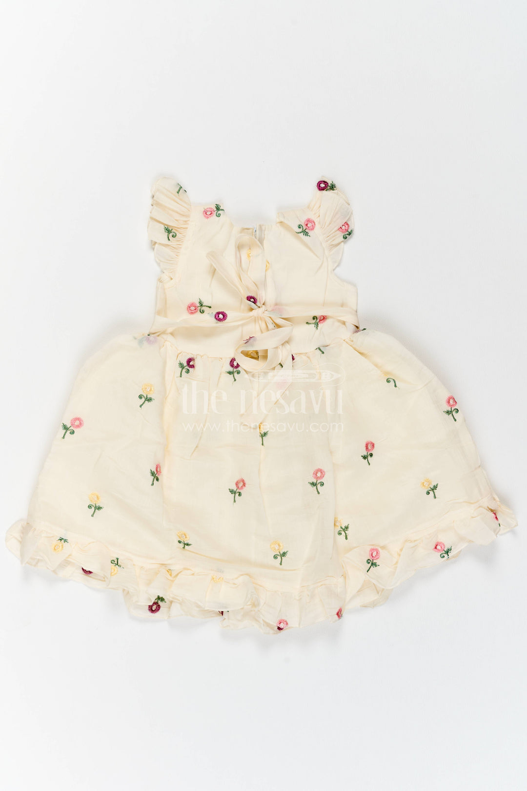 Girls Chanderi Frock in Cream with Thread Embroidery