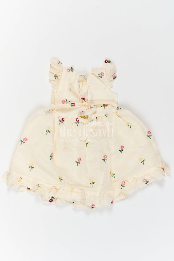 Girls Chanderi Frock in Cream with Thread Embroidery