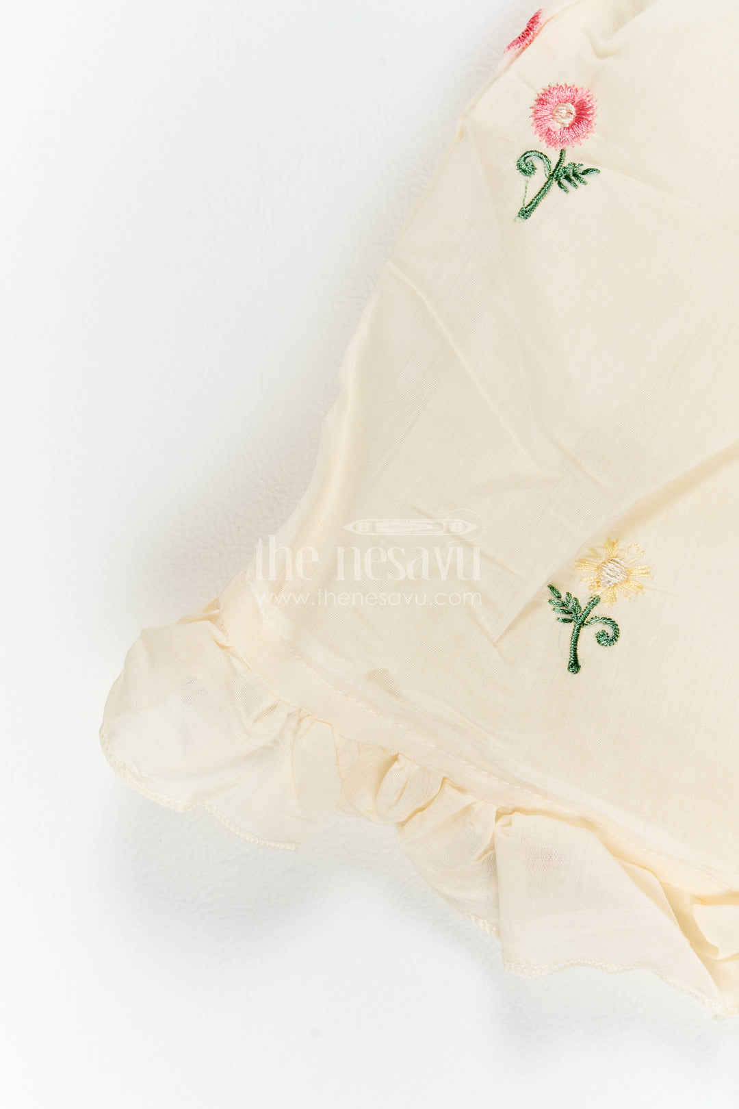 Girls Chanderi Frock in Cream with Thread Embroidery