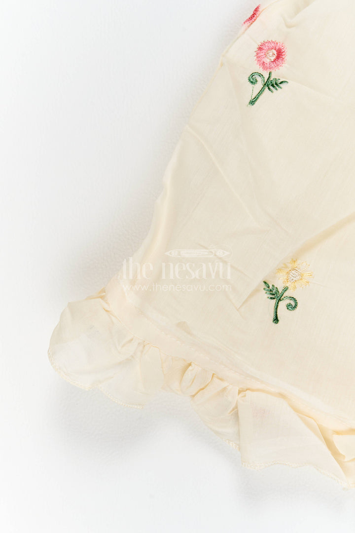 Girls Chanderi Frock in Cream with Thread Embroidery