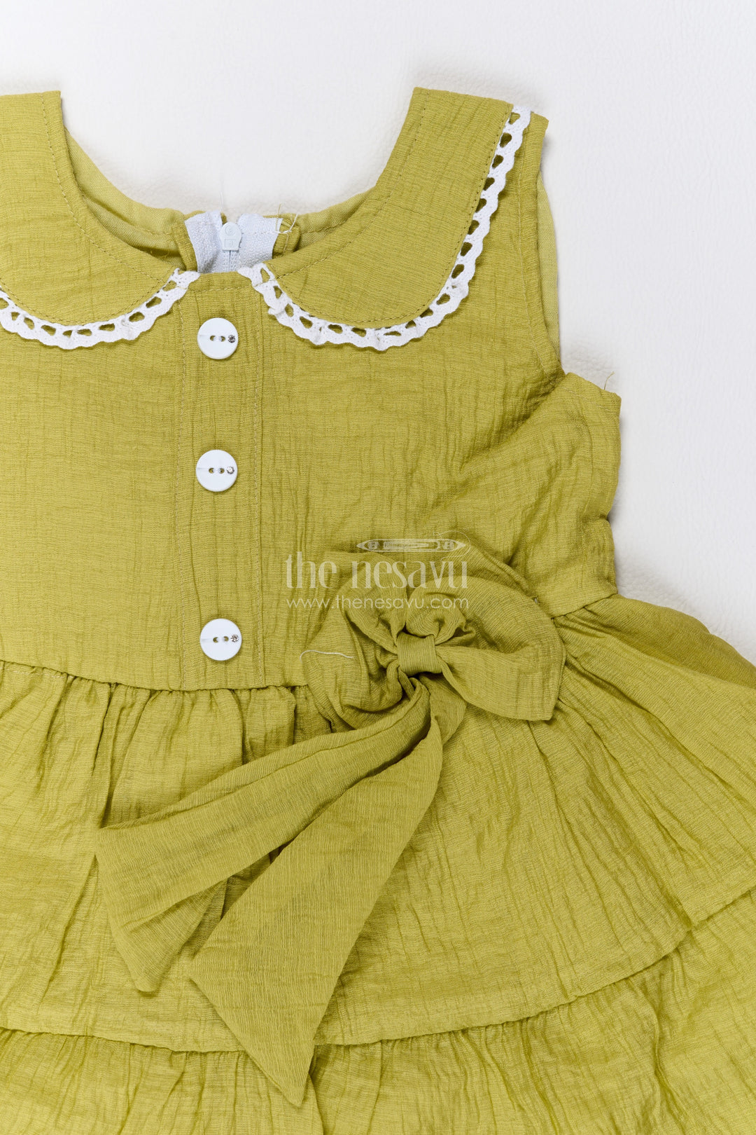 Girls Olive Green Lace Collar Side Bow Cotton Blend Frock