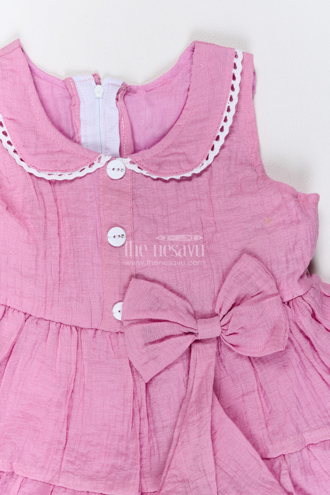 Girls Cotton Blend Frock in Mauve Pink with Tiered Collar Bow