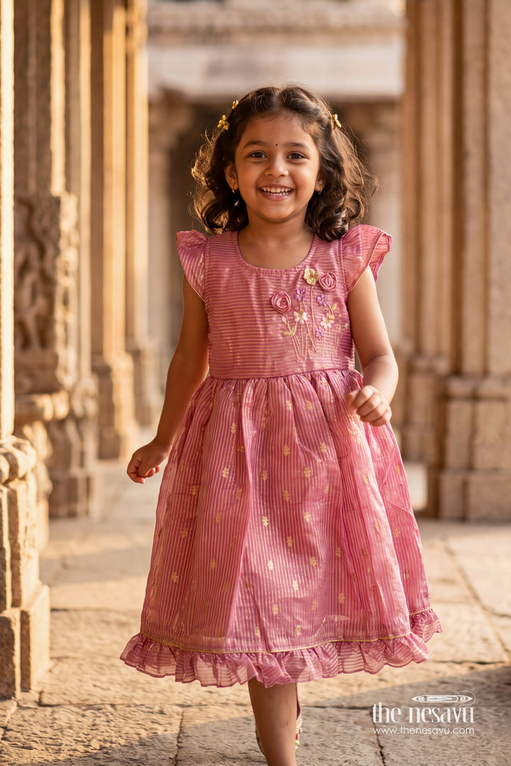 Girls Chanderi Frock in Purple with Woven Texture
