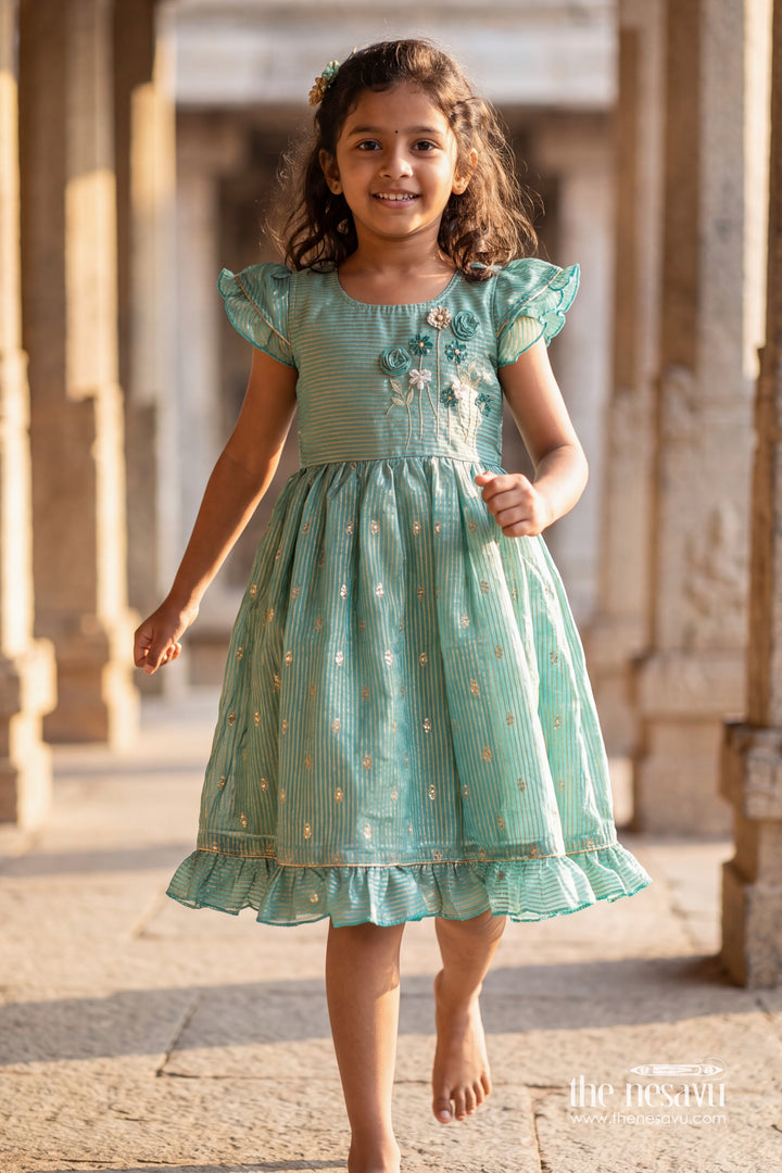 Chanderi Dress for Girls in Green for Family Celebrations