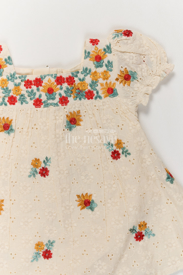 Girls Cream Multicolour Hakoba Eyelet Flower Yoke Frock