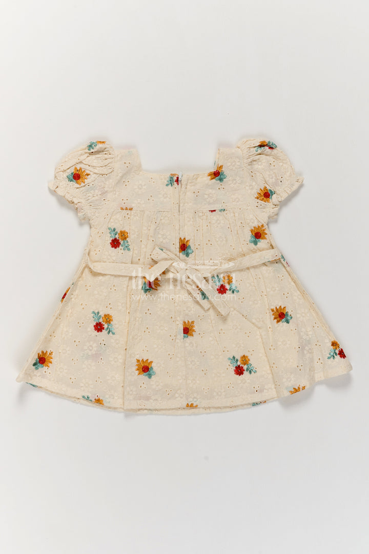 Girls Cream Multicolour Hakoba Eyelet Flower Yoke Frock