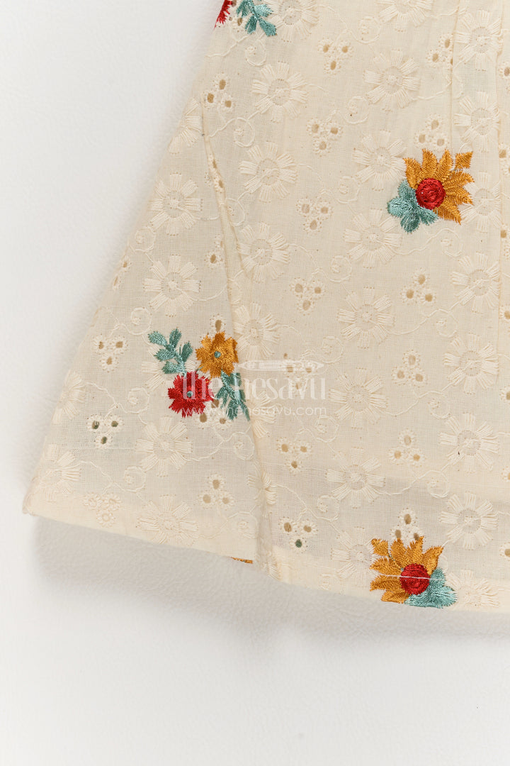 Girls Cream Multicolour Hakoba Eyelet Flower Yoke Frock
