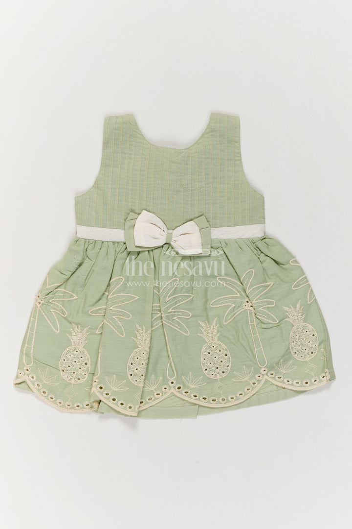 Girls Sage Green Palm Pineapple Bow Cotton Frock