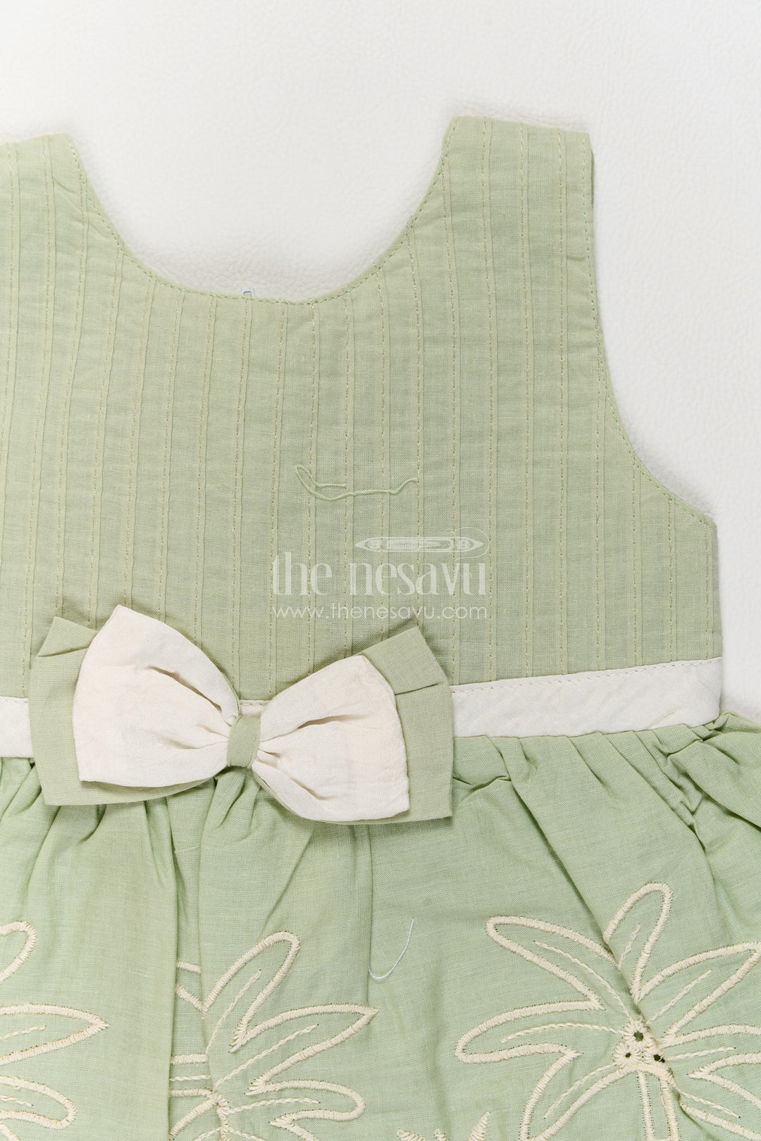 Girls Sage Green Palm Pineapple Bow Cotton Frock