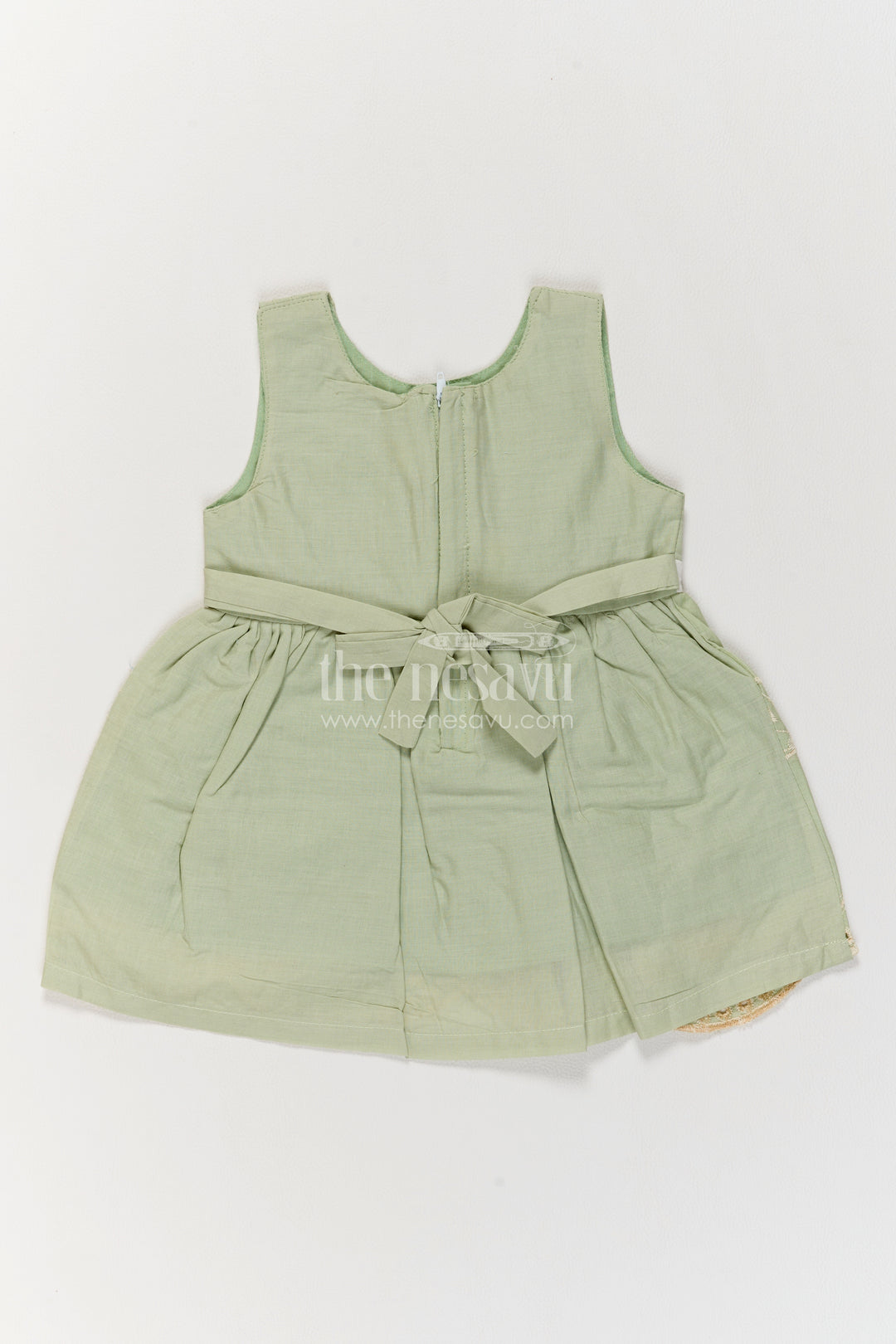 Girls Sage Green Palm Pineapple Bow Cotton Frock